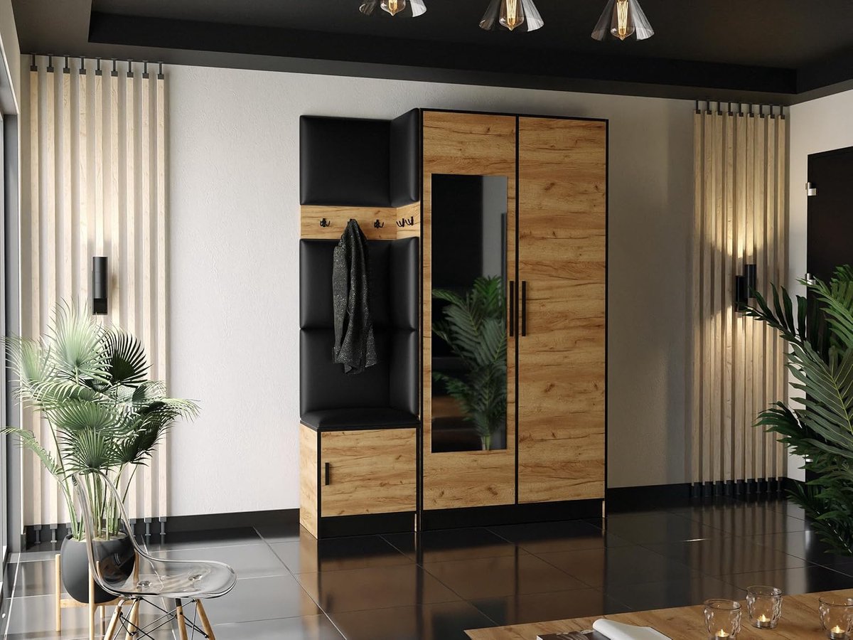 Moderne Kledingkast met Zitting Roj13 - Hoogwaardige Gelamineerde Spaanplaat Kast met Gestoffeerd Paneel en Uitschuifbare Kapstok - Eiken Craft Gold + Eco-leer Zwart, 158x205x39 cm