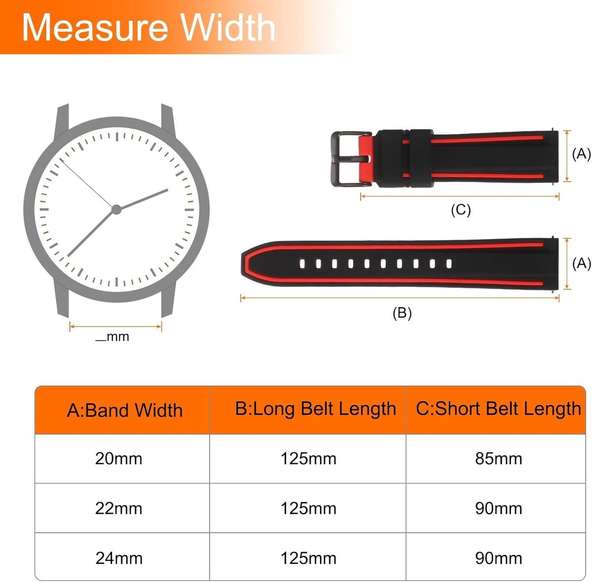 Siliconen horlogebandjes 22 mm breed zachte snelsluiting rubberen bandjes zwart/rood