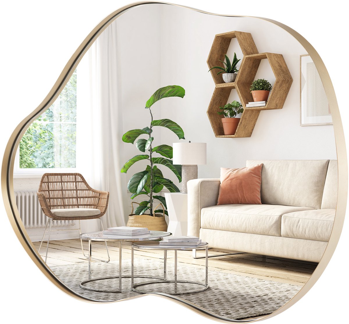 Costway onregelmatige wandspiegel, asymmetrische spiegel, ingelijste hangspiegel, moderne make-upspiegel, wand, decoratief voor hal, badkamer, slaapkamer (zwart, 78 x 56 cm)