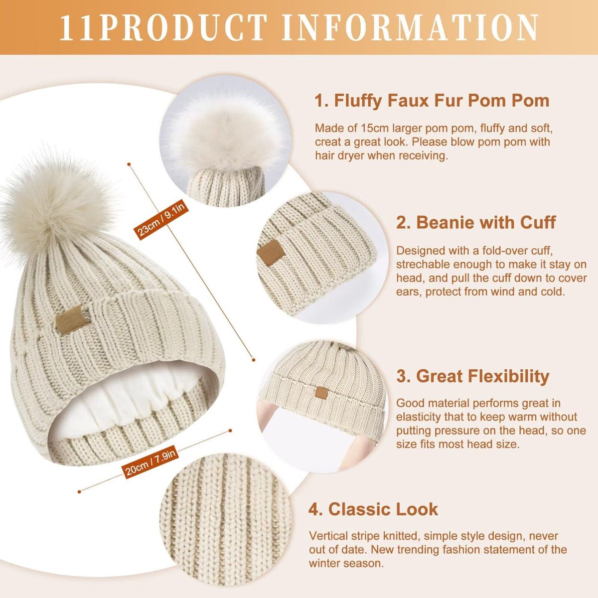 Winterset dames-Winterpet dames-Set van muts, sjaal en handschoenen voor dames - Wintermuts zonder rand voor dames - Met wol gevoerd met pompons voor warmte - Touchscreen handschoenen voor dames - 3-in-1 set voor koud weer- wit — cadeau in Mode & Accessoires - foto 6