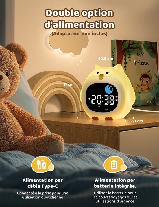 Kinderwekker Educatieve dag/nacht 2 alarmen/12/24 uur/snooze Verstelbare schermhelderheid Nachtlampje 7 kleuren Digitaal ochtendalarm 10 liedjes Automatisch uitschakelen — afbeelding 3