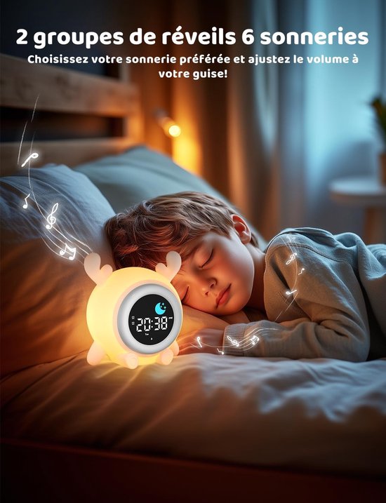 Educatieve wekker voor kinderen met 2 alarmen voor dag en nacht, 12/24-uurs snooze-functie, instelbare schermhelderheid, 7-kleurige verlichting, 10 liedjes, automatische uitschakeling en rendiervorm — afbeelding 4
