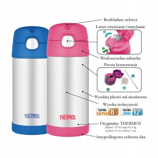 Deux gourdes Thermos, une avec un couvercle bleu et une avec un couvercle rose. Corps argenté avec logo Thermos. Illustration technique à côté.