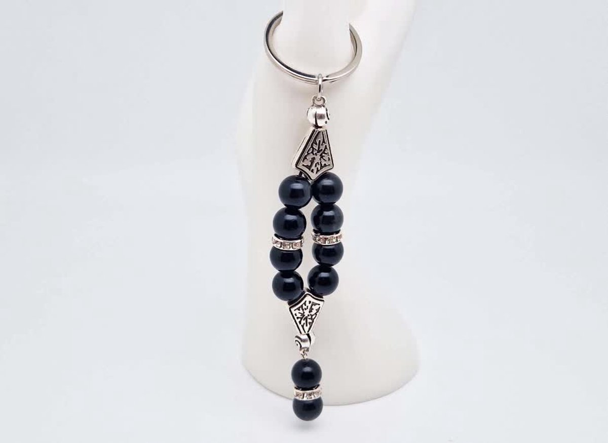 Handgemaakte Harmony Sleutelhanger van natuursteen "Obsidian" en metaal - diameter kralen 10mm - Aantal stenen10- Een mooi cadeau-idee en een bijzonder aandenken