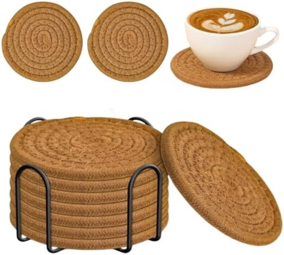 PromoHome Ronde Drankonderzetters Set - 8 Stuks met Houder - Absorberend Katoen