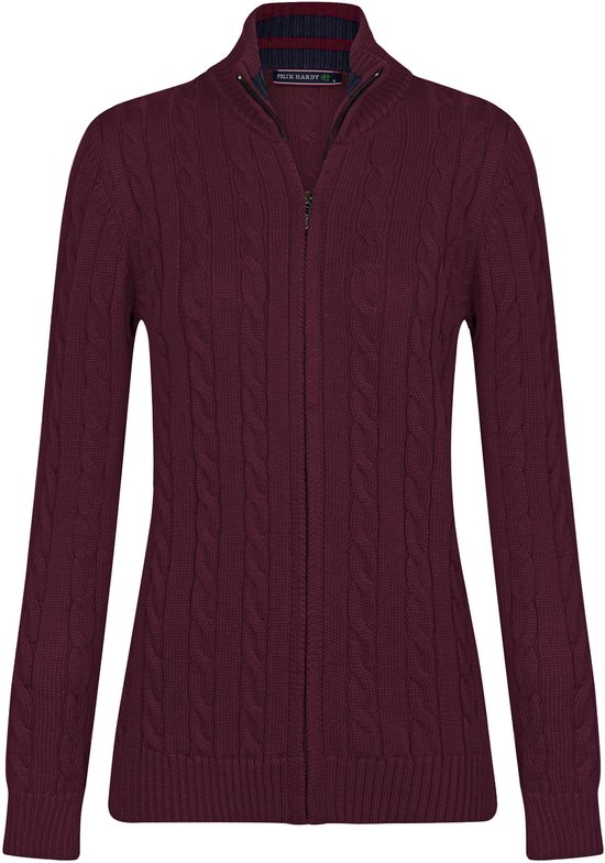 Gilet bordeaux en tricot torsadé avec fermeture éclair. Logo Felix Hardy sur le col.