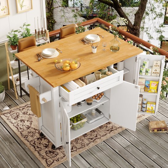 Verrijdbare Keukeneiland 137,9×73×92,5 Cm - 4 Laden En 2 Deuren Uitschuifbaar Werkblad Wit