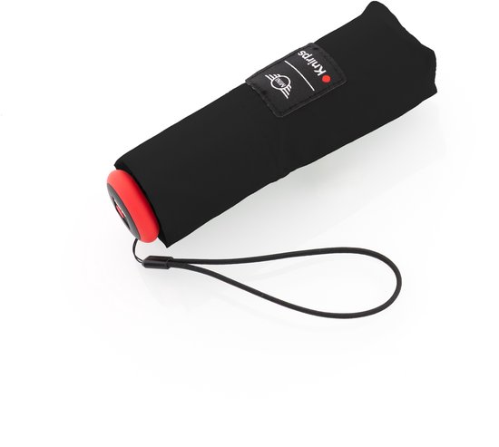 Parapluie noir fermé avec détails rouges et logo MINI x Knirps.