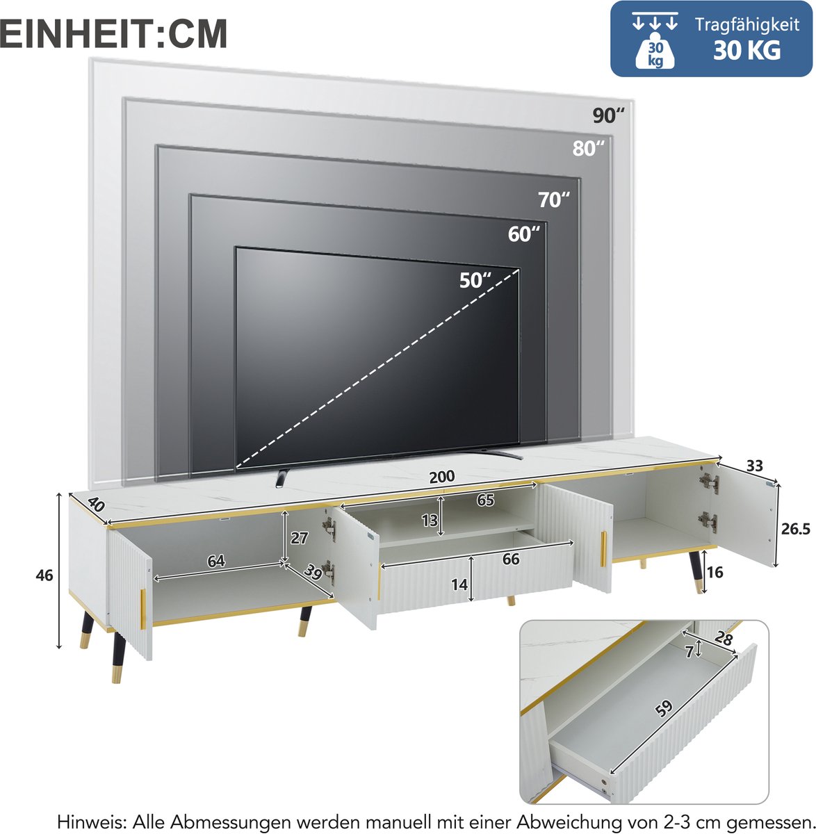 HAUSS SPOLE TV meubel - Modern TV-meubel met Marmor-Optiek, 3 Schubladen en Kabelmanagement - Voor televisies tot 90 inch - Voor woonkamer en slaapkamer - 200x40x46 cm - Spaanplaat - Wit