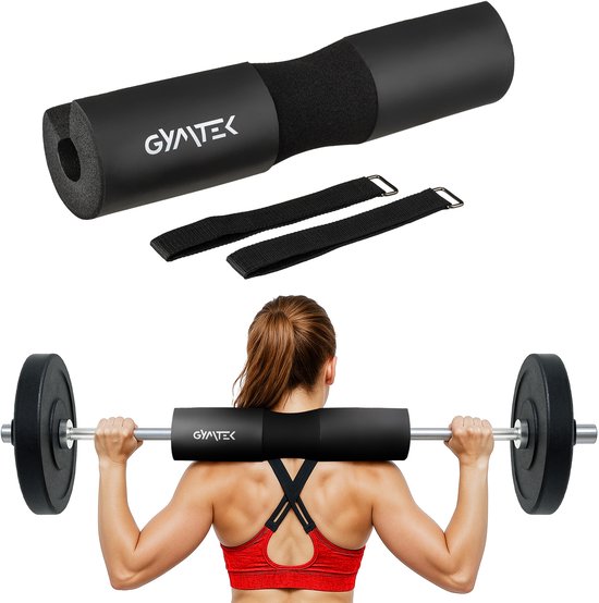 Zwarte Gymtek barbell pad met twee banden, getoond op de nek van een vrouw tijdens het squatten.