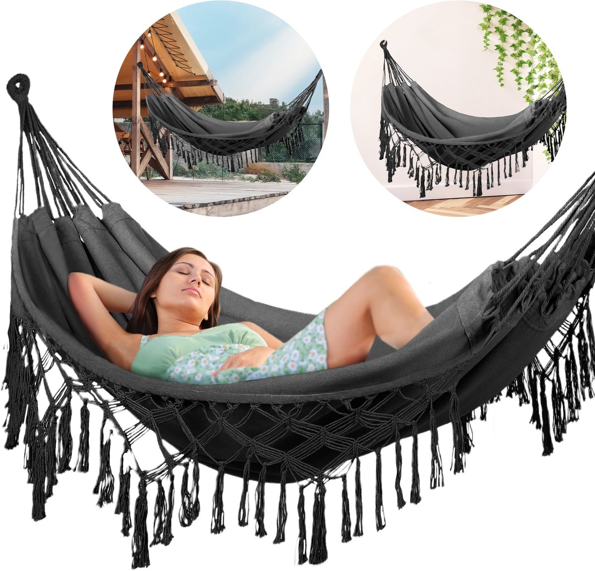 Luverno® Hangmat XXL - 200x150 cm, tot 200kg - Boho Katoenen Hangmat voor Buiten, Tuin, Balkon - voor Kinderen en Volwassenen