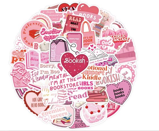Een cirkel van roze stickers met thema's als lezen, boeken en 'Emotional Support Kindle'.