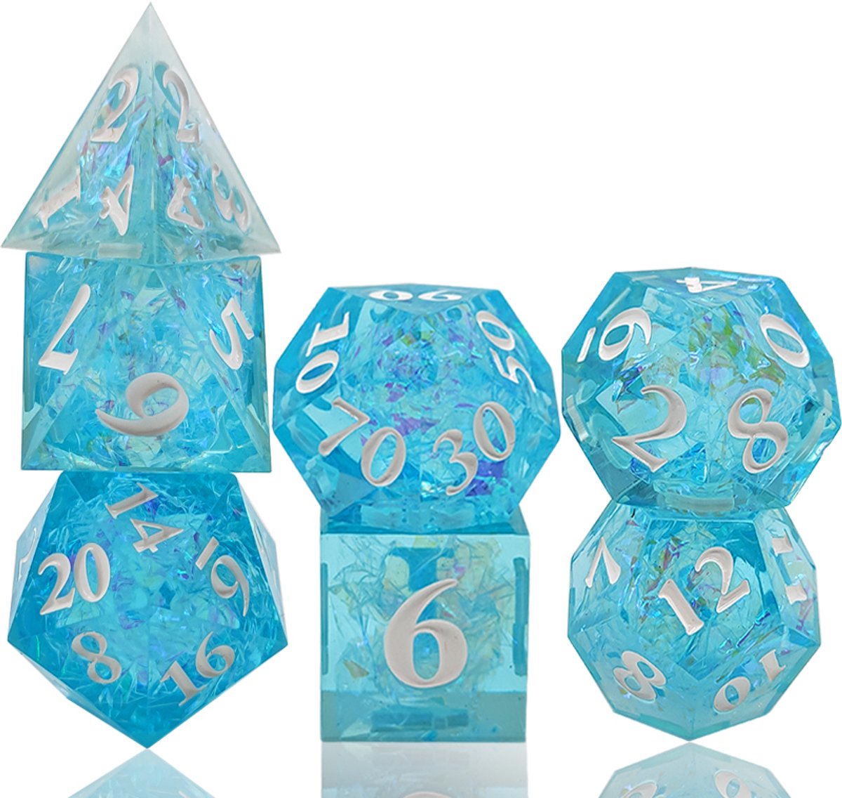 Joya Dice® Polydice Dobbelsteen set geschikt voor rollenspellen zoals Dungeons and Dragons D&D DnD | Dobbelstenen Set | Dice set | Resin 7 stuks set | Incl Luxe Opbergdoos | Frostbite Shards