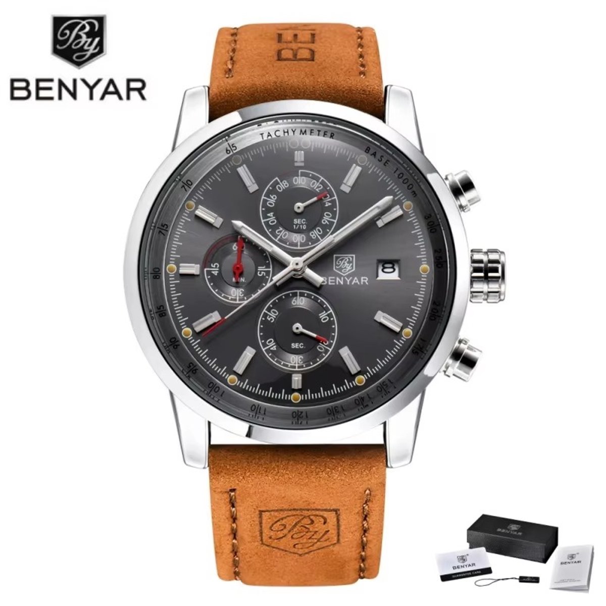 BENYAR Horloge BY-5102 - Lichtbruin-Grijs - Heren - Quartz - Chronograaf - Lederen Band - Luxe - Stijlvol