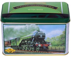 Flying Scotsman Theeblik – 40 Engelse Ontbijttheezakjes | Klassiek Ceylon Zwarte Thee | Plasticvrij, Vegan & Suikervrij | Perfect Cadeau voor Treinliefhebbers met Kajal Sticker