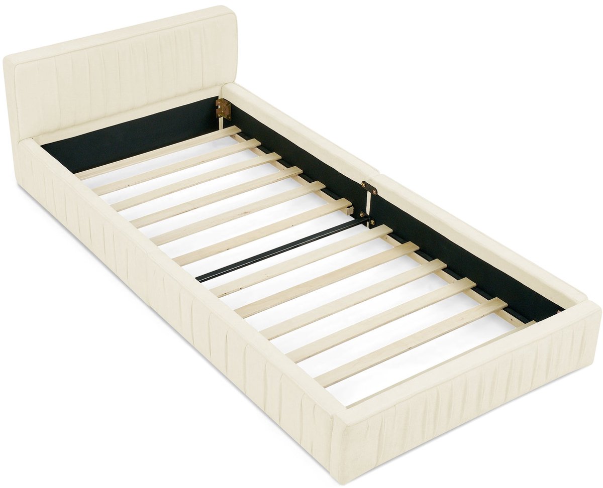 Merax Eenpersoonsbed 90×200 cm – Kinderbed en Logeerbed – Chenille Stoffering – Eucalyptus Hout en Stalen Frame – Beige – Zonder Matras