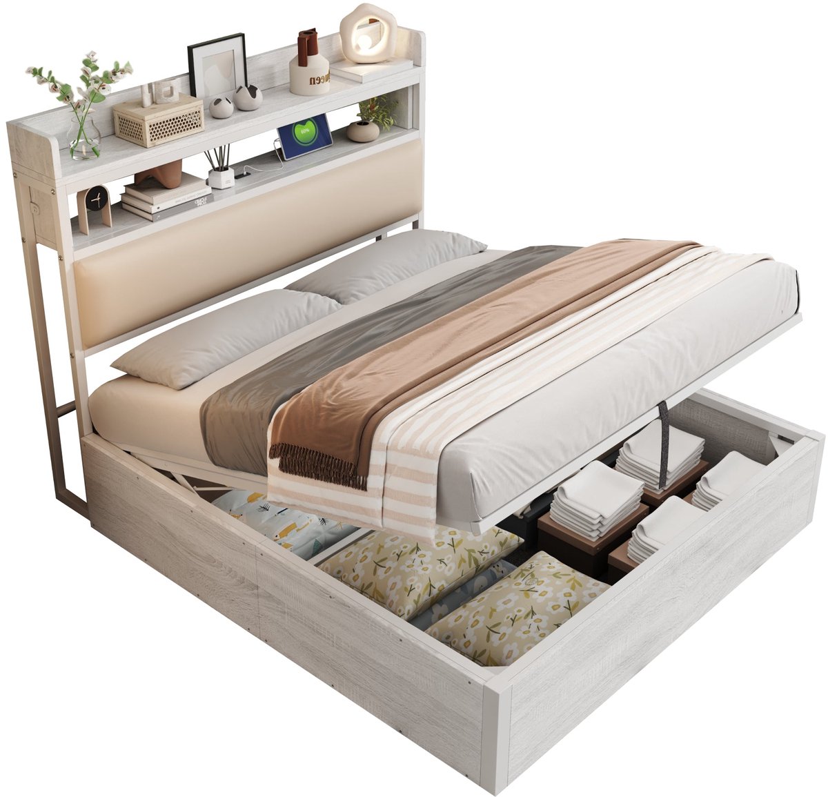Merax Tweepersoonsbed 140×200 cm – Bedframe met Hydraulische Opbergruimte – Gestoffeerd Hoofdbord met USB – Vintage Hout en Metaal – Wit – Zonder Matras
