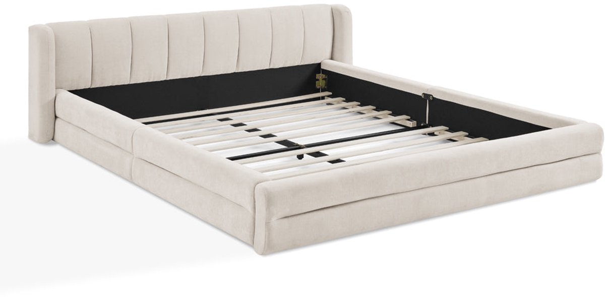 Merax Tweepersoonsbed 160×200 cm – Beige Chenille – Comfortabel Hoofdbord – Robuust Houten en Stalen Frame – Zonder Matras