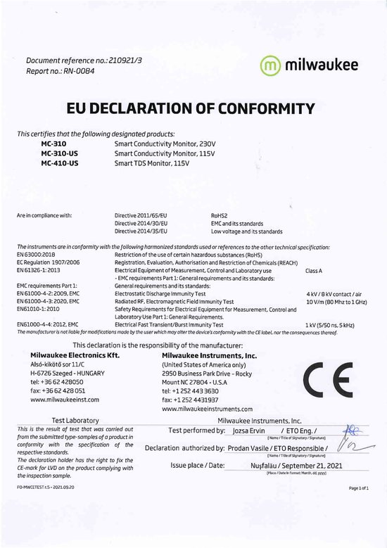 EU-Verklaring van conformiteit voor Milwaukee MC-310, MC-310-US, MC-410-US, MC-410-US Smart Conductivity Monitors en Smart TDS Monitors.