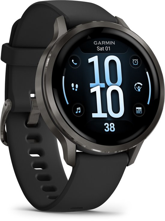 Grijze Garmin Venu smartwatch met zwarte band. Het hoofdscherm toont de tijd '10:10', datum 'Sat 01' en cirkelvormige icoontjes.