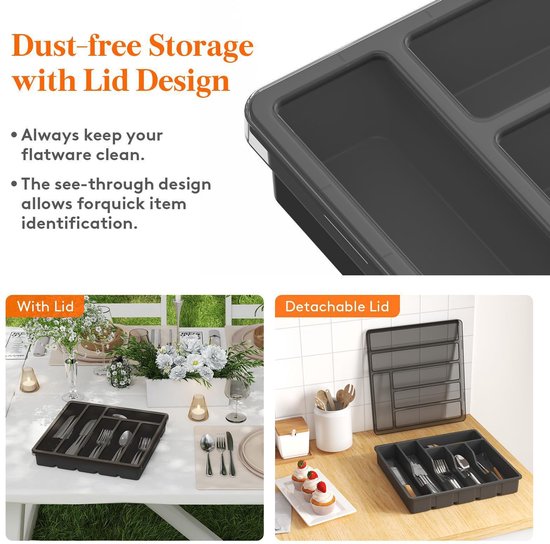 Cutlery Tray with Lid, Cutlery Organiser, Fall Proof, Removable, Multifunctional, Portable Plastic Storage Box, Classified Storage for Camping/Garden (Black