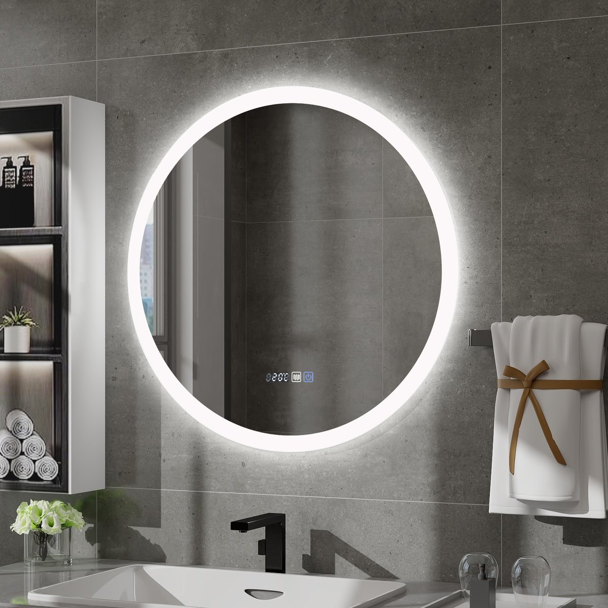 Puluomis 60cm Badkamerspiegel - met LED-verlichting - Ronde Frameloze Spiegel - Tijd- en temperatuurweergave - Ontwaseming