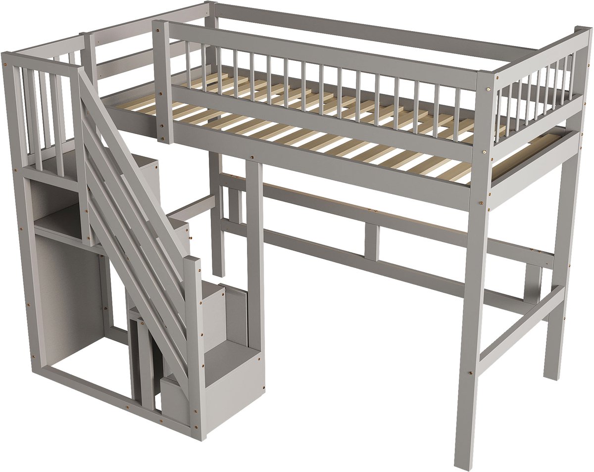 Sweiko Hoogslaper - 90 x 200 cm - Met opbergruimte - Houten kinderbed - Grijs