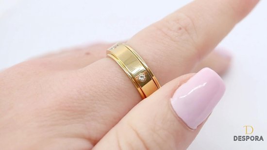 Anxiety Ring - (Zirkonia) - Stress Ring - Fidget Ring - Anxiety Ring For Finger - Draaibare Ring - Spinning Ring - Goudkleurig RVS - (21.25 mm / maat 67)
