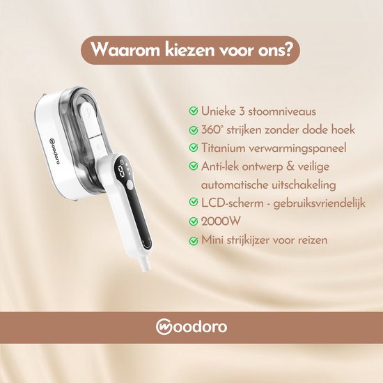 Stoomapparaat Kleding & Reisstrijkijzer - In 9s Warm - 2000W - Steamer - Mini Strijkijzer - Handstomer - 3 Stoomstanden - Krachtig - LCD Display - Woodoro