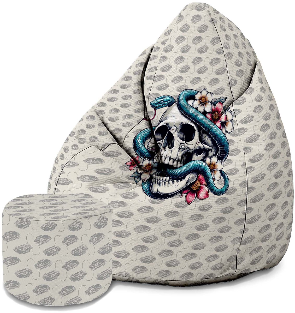 DreamRoots Oxford Zitzak voor Volwassenen – Luxe Beanbag met Voetsteun en Afneembare Hoes – Inclusief Vulling – 80x80x120 cm - Snake Skull Flower