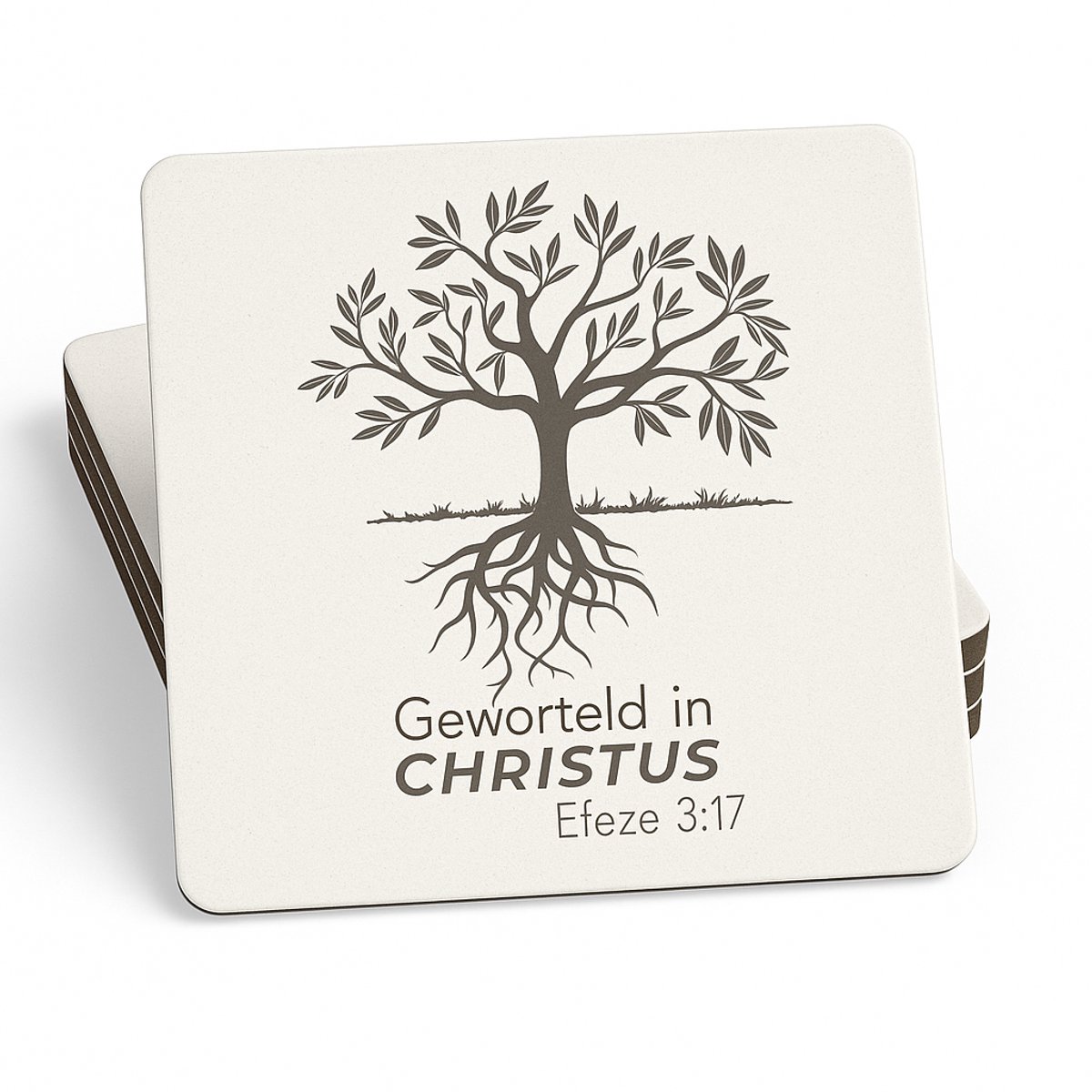 Christelijke onderzetters – Bijbeltekst onderzetters – Geworteld in Christus – Efeze 3:17 – Geloof cadeau – Religieuze woondecoratie – Set van 4 onderzetters – Vierkante onderzetters – Tafelbescherming – Koffie onderzetters – Thee onderzetter -