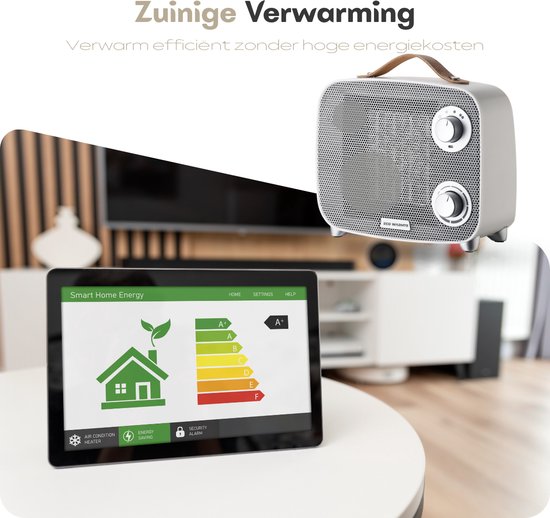 Witte, rasterpatroon kachel op een salontafel naast een tablet met energie-efficiëntie-informatie.