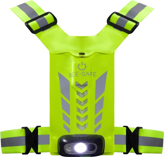 Lichtgevende limegroene Bee Safe harnas met reflecterende strepen, USB-telefoonvak en ingebouwde LED-lamp.