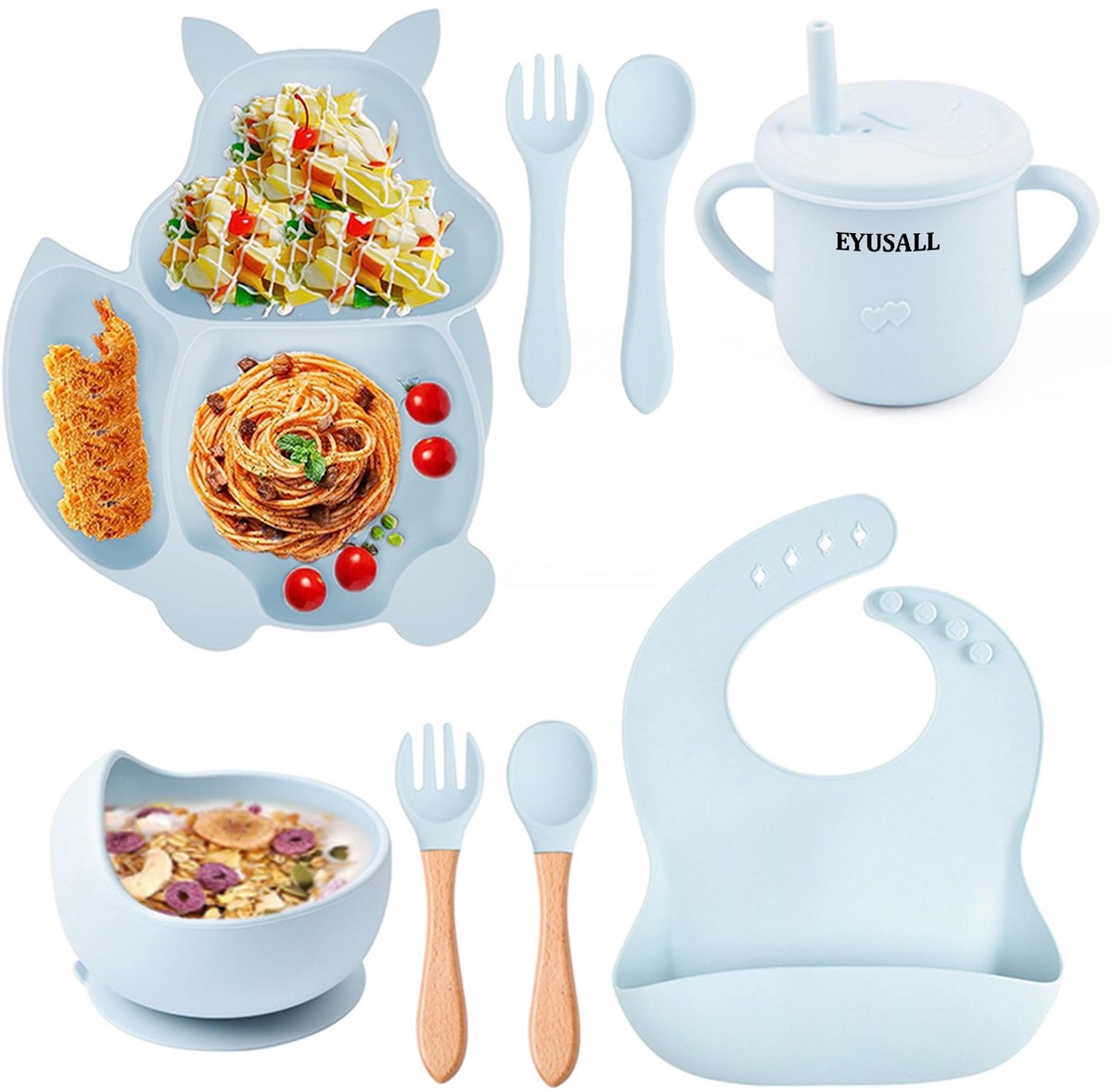 EYUSALL Kinderservies set Siliconen - 9-Delig - Antislip - Eekhoornmotief Bord - Met Lepel/Vork/Kom
