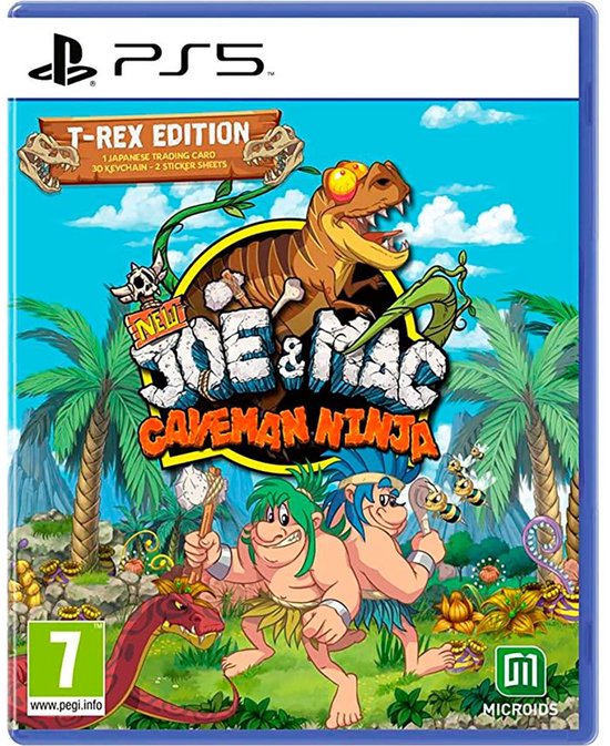 De cover van de PS5 game "New Joe & Mac: Caveman Ninja: T-Rex Edition". Twee cavemannen staan naast elkaar, met op de achtergrond een T-Rex, palmbomen en insecten. PEGI 7 rating.