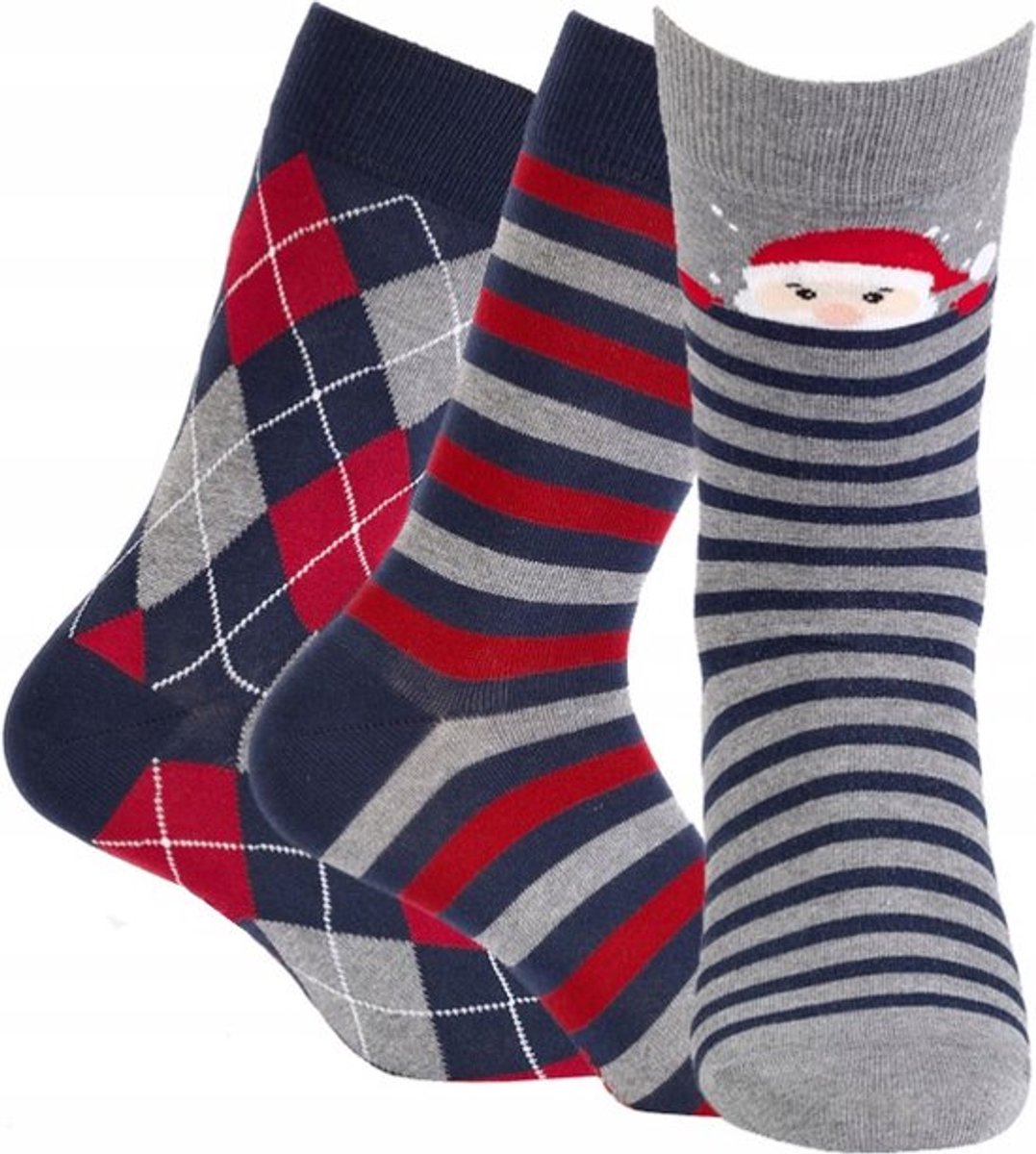 Wola Kerstsokken – Set van 3 Paar – Donkerblauw /Grijs /Rood – Maat 39 - 41 cm - Kerstcadeau