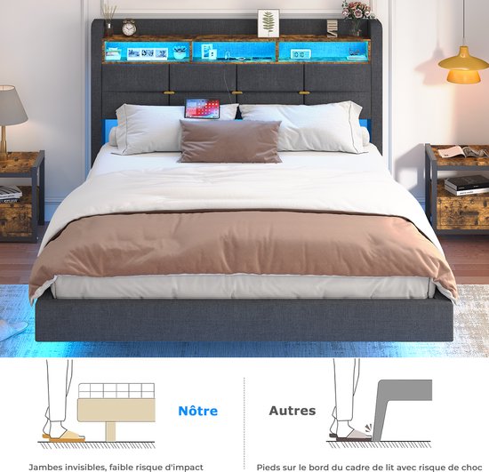 Lit double gris foncé rembourré avec design flottant, tête de lit avec rangement et éclairage LED bleu.