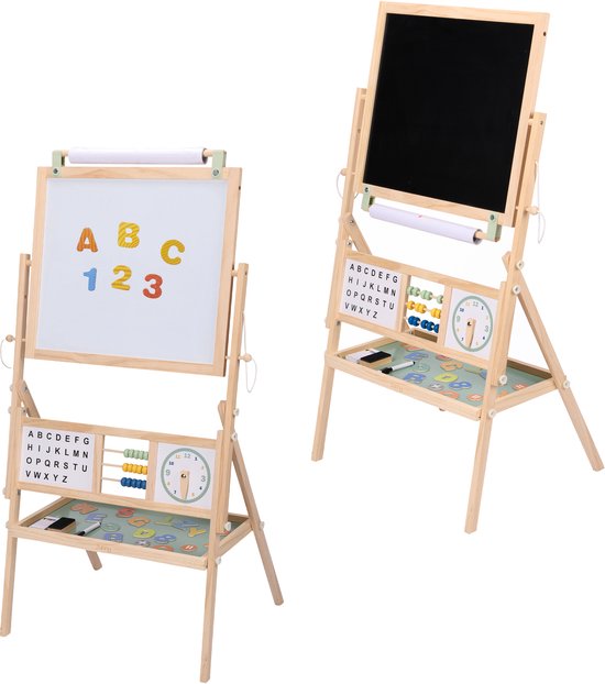 Hape E1010 Kinderspeelbord van hout, bekroond dubbelzijdig kinderbord in hoogte verstelbaar met papierrol, krijtbord, whiteboard, magneten en 3 schilderschalen