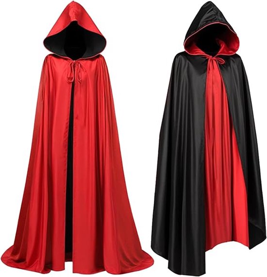 Twee omkeerbare capes met capuchon: één rood, één zwart, beide met bandjes.