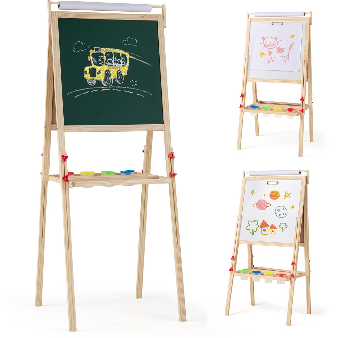 COSTWAY 3-in-1 schoolbord voor kinderen, dubbelzijdig kinderbord, in hoogte verstelbaar met magnetisch krijtbord, whiteboard, papierrol en 4 gekleurde bekers, ezel staand bord voor kinderen vanaf 3