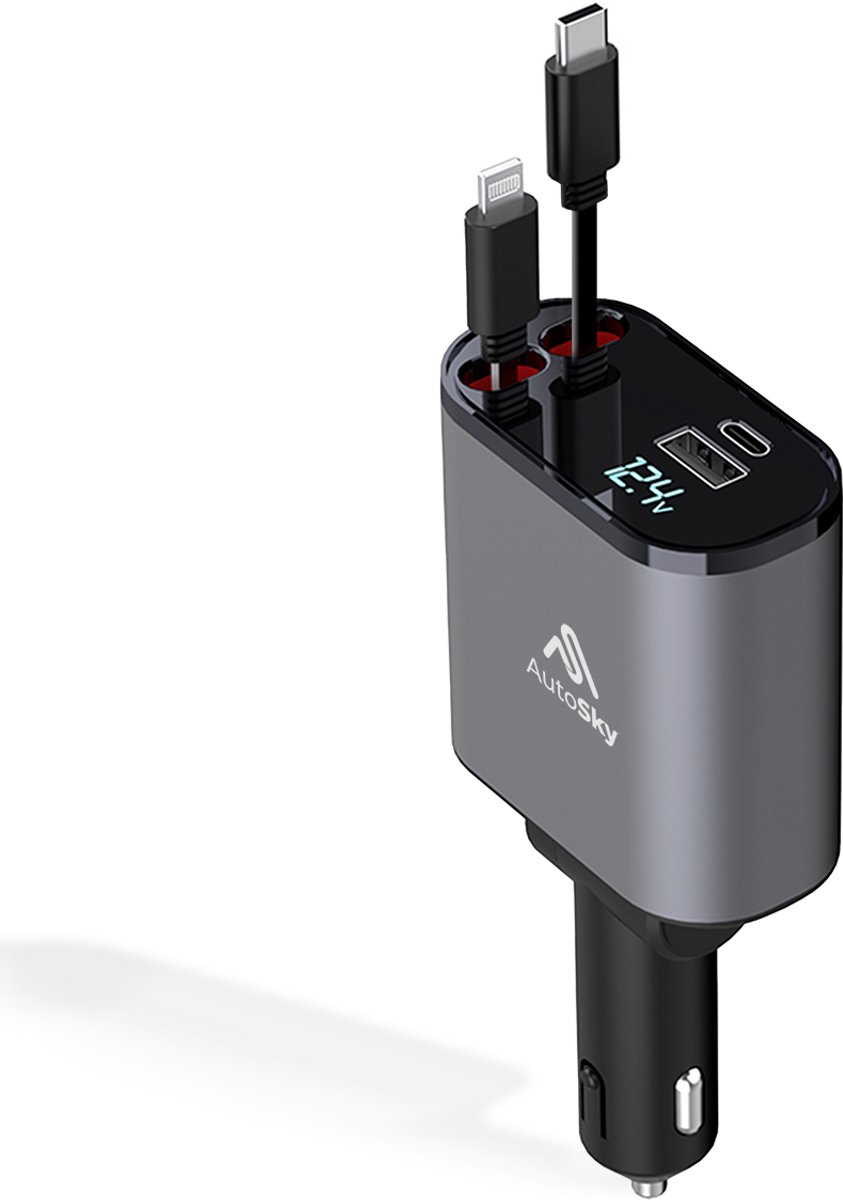 AutoSky 4-in-1 Snelle Autolader – voor iPhone en USB C – Intrekbare Kabels – 2 Poorts Sigarettenaanstekeradapter – Fast Charging – Zwart