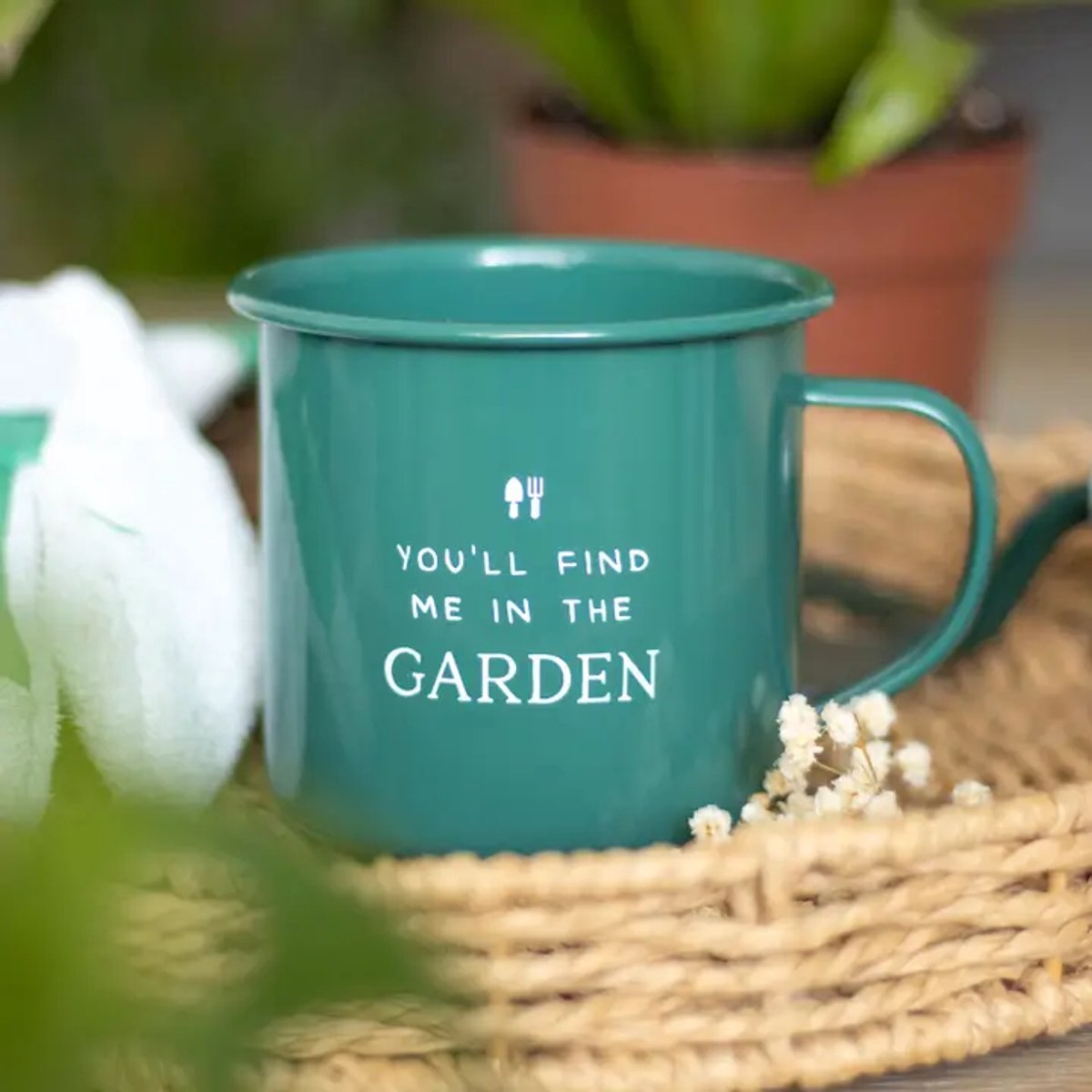 Emaille Mok - Groen - Green - You`ll FInd me in the Garden - Tuinieren - Moestuin - Garden - Tuin - Beker - Koffie - Thee