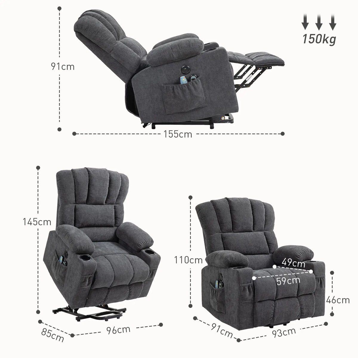 Sta op stoel elektrisch - Relaxfauteuil - Zetel - Stof - 1 persoons - Met armleuning - Zeer comfortabel - Elektrisch - Donkergrijs – foto 4