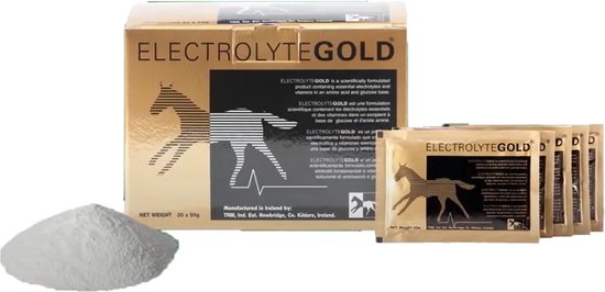 Gouden doos met 'ELECTROLYTEGOLD', een paardensilhouet, een hoopje wit poeder en vier zakjes.