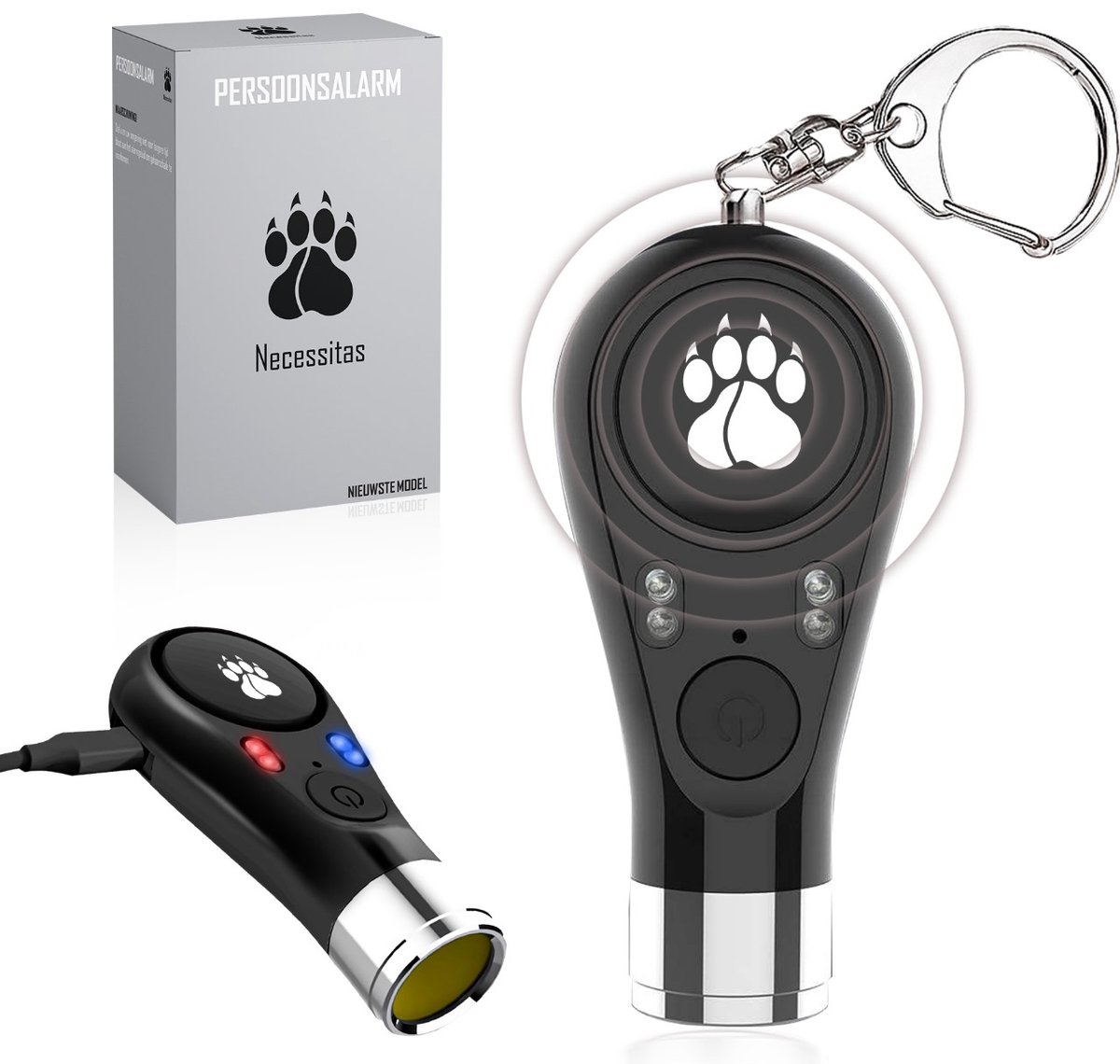 Necessitas ® Senioren alarm - Persoonlijk alarm - Persoonlijk alarm sleutelhanger - persoonsalarm - Alarmsysteem 140DB Geluid - Incl. Batterij - Zelfverdediging sirene - USB oplaadbaar - Zwart