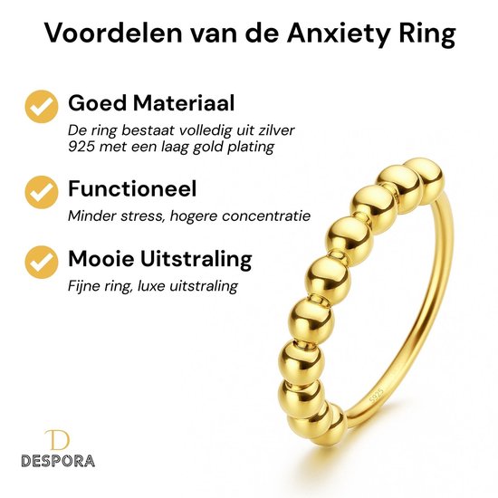 Gouden ring met een rij bewegende balletjes. Tekst: "Voordelen van de Anxiety Ring", "Goed Materiaal", "Functioneel", "Mooie Uitstraling".