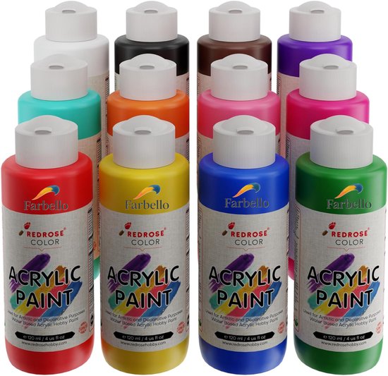 Peinture acrylique. Ensemble de 12 couleurs, 12*120 ml, hautement pigmenté, à base d'eau, non toxique, pour le coulage acrylique, la toile, le bois, la pierre, le papier et le métal.