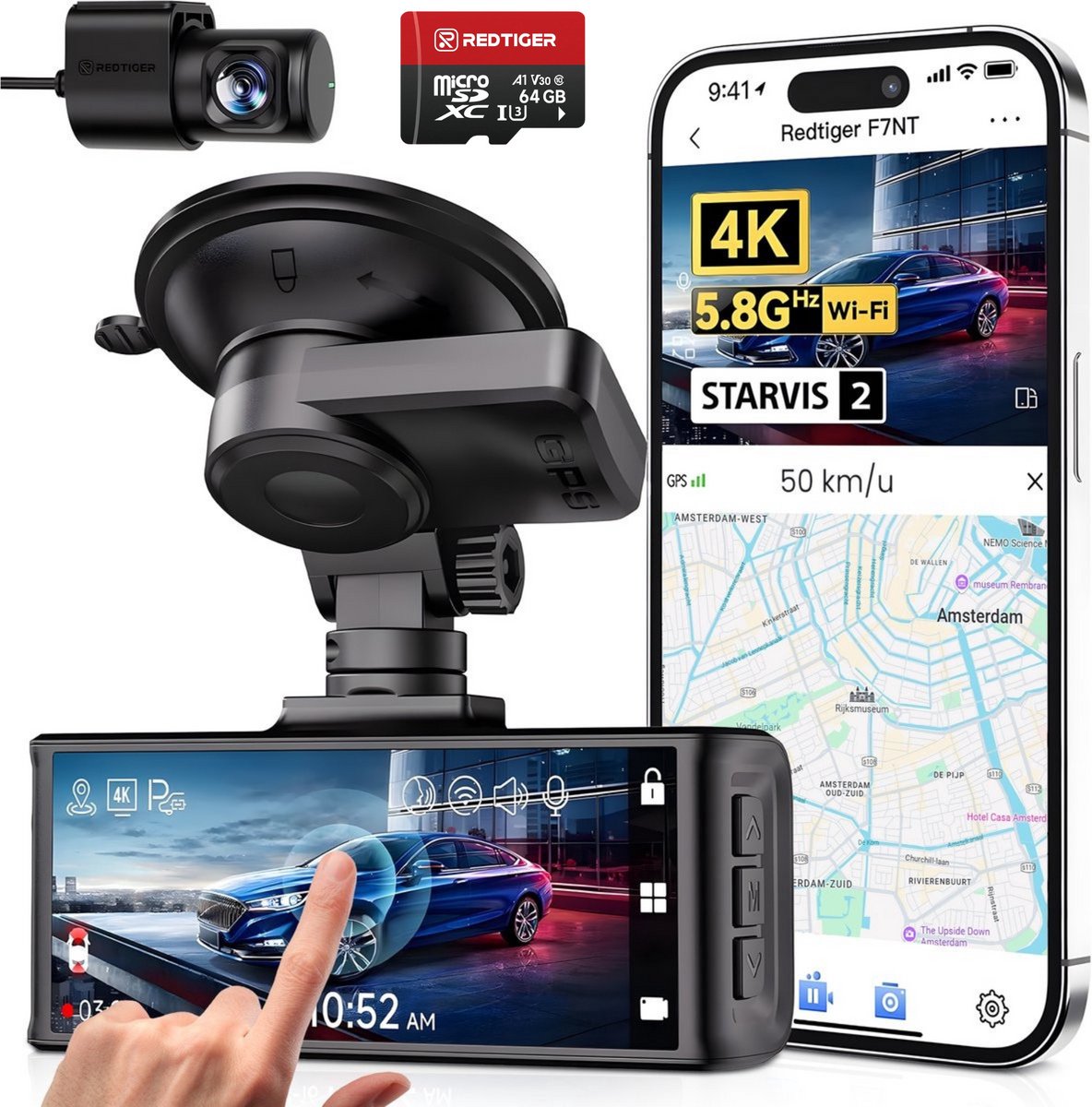 RedTiger F7NT - Dual Dashcam voor auto - Ultra 4K & 1080P - Voor en Achter Camera - 2024 model - Met Touchscreen - WiFi en GPS - 3.20 Inch met App - Sony Sensor Nachtzicht - Parkeerbewaking - G Sensor - Loop opname - Met 64GB SD Kaart