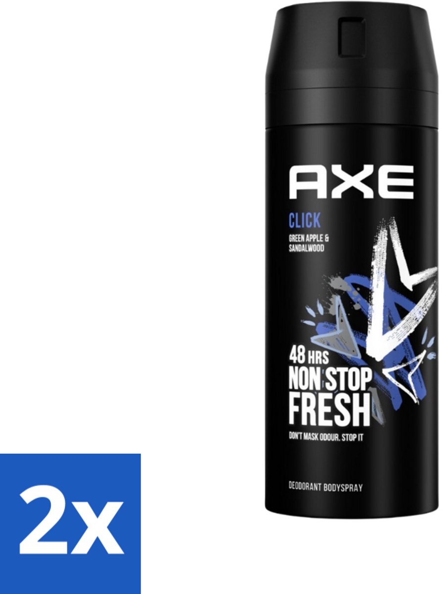 2 x Axe - Deodorant Bodyspray - 48hrs Fresh - Click - Green Apple & Sandalwood - 150 ml - Deodorant - Deodorant Spray - Axe Click - 48 Uur Bescherming - Frisheid
