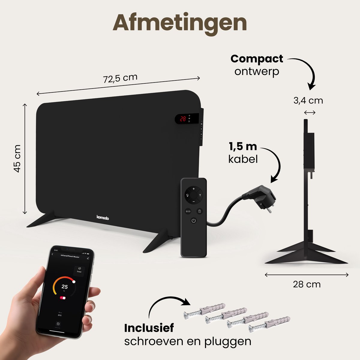 Komodo Infrarood Verwarmingspaneel - 450W - 72,5 x 45 cm - Verplaatsbaar & Hangend - Thermostaat - LED Display & WiFi App - Infrarood Verwarming, Elektrische Kachel, Paneel - Voor 15m2 – foto 2